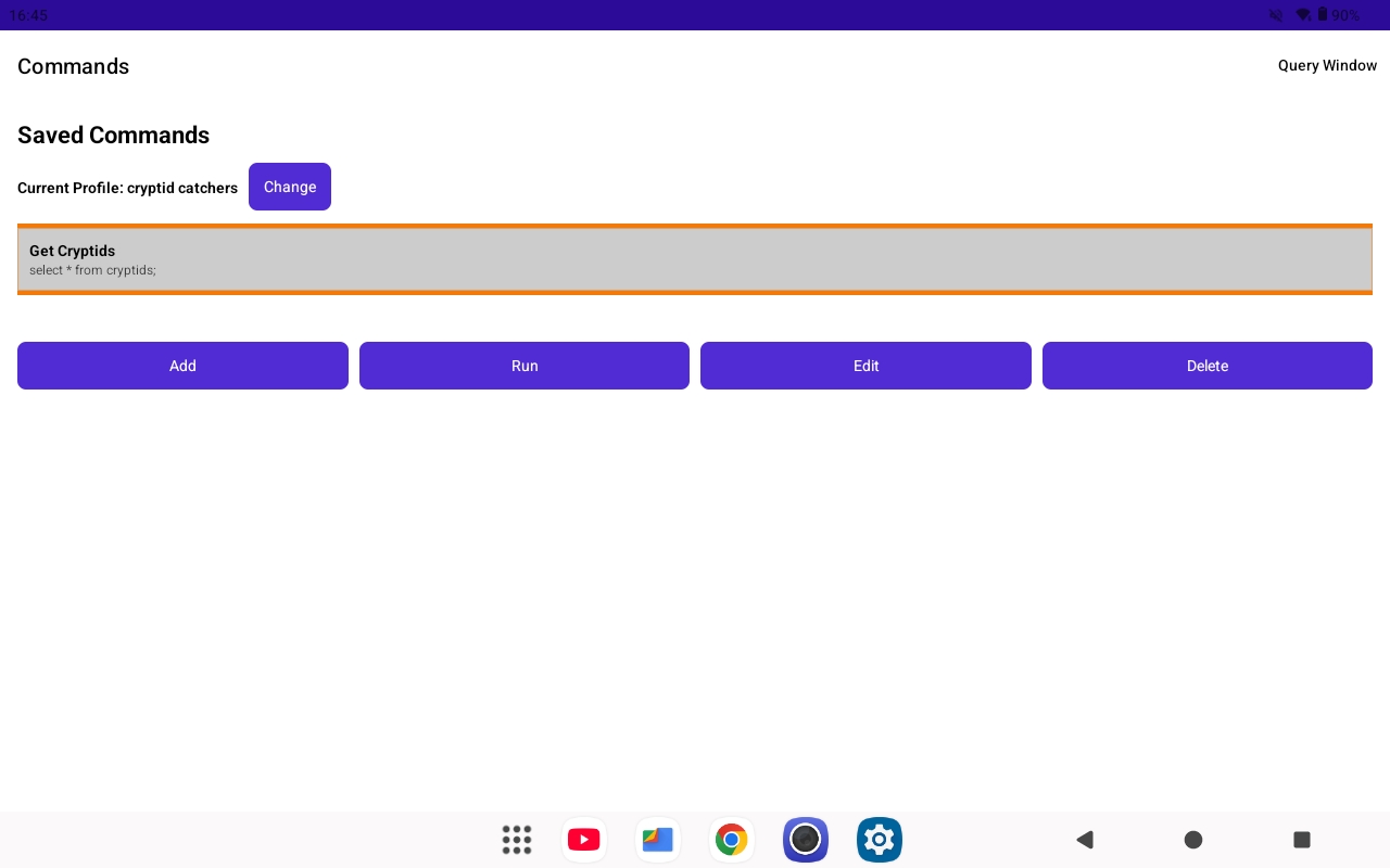 Placeholder image: Saved commands screen in QueryPilot showing command titles
